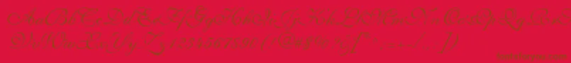 ShelleyLtVolanteScript-Schriftart – Braune Schriften auf rotem Hintergrund