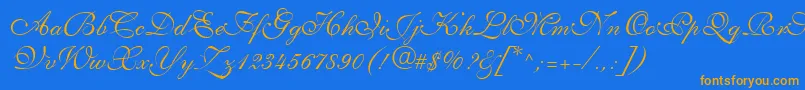 Fonte ShelleyLtVolanteScript – fontes laranjas em um fundo azul