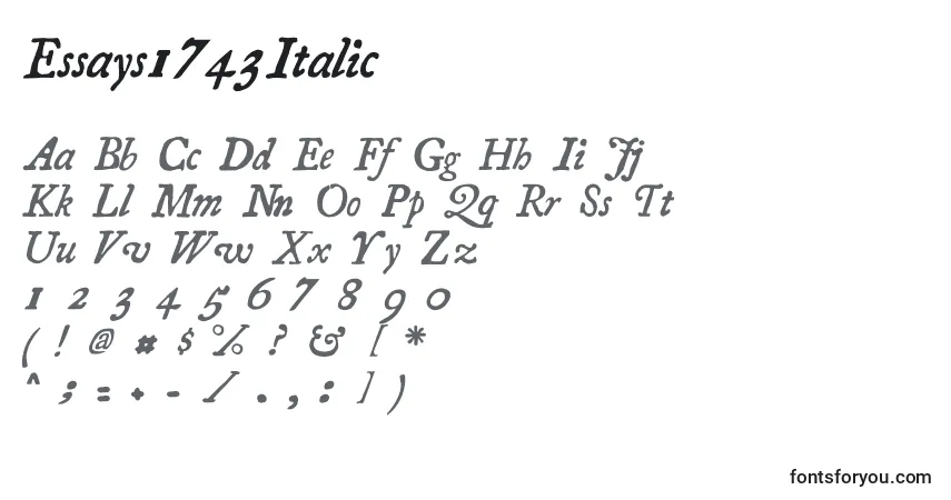 Czcionka Essays1743Italic – alfabet, cyfry, specjalne znaki