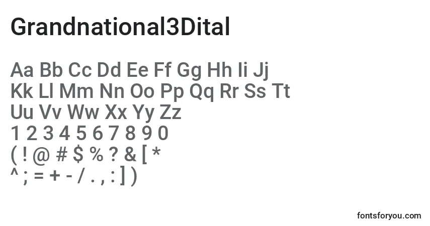 Czcionka Grandnational3Dital – alfabet, cyfry, specjalne znaki
