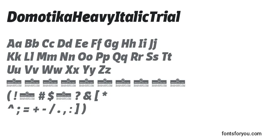 Czcionka DomotikaHeavyItalicTrial – alfabet, cyfry, specjalne znaki