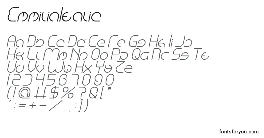 A fonte EmmiliaItalic – alfabeto, números, caracteres especiais