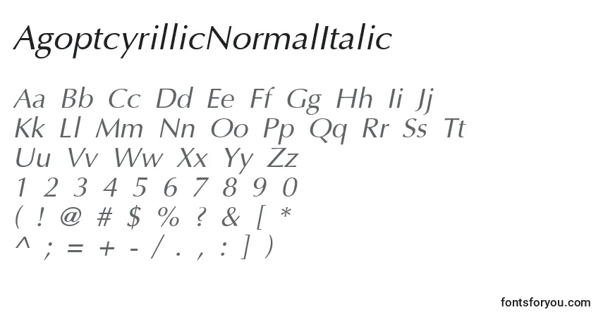 Schriftart AgoptcyrillicNormalItalic – Alphabet, Zahlen, spezielle Symbole