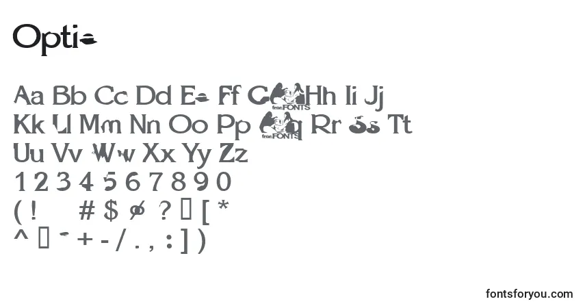 Czcionka Optie – alfabet, cyfry, specjalne znaki