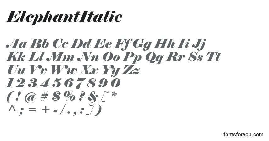 A fonte ElephantItalic – alfabeto, números, caracteres especiais