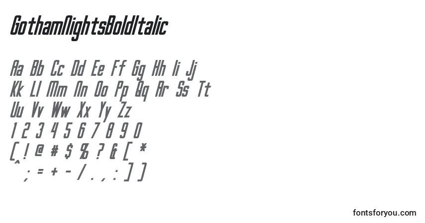 Schriftart GothamNightsBoldItalic – Alphabet, Zahlen, spezielle Symbole