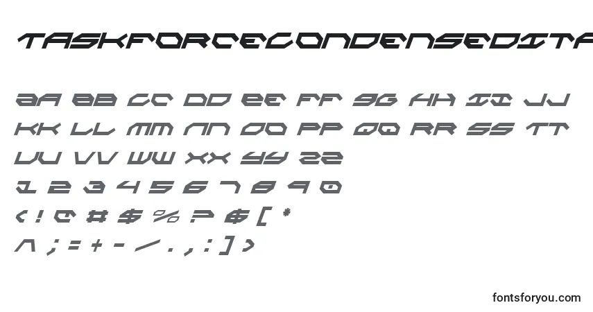 Шрифт TaskforceCondensedItalic – алфавит, цифры, специальные символы