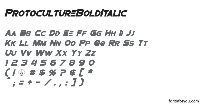 A fonte ProtocultureBoldItalic – alfabeto, números, caracteres especiais