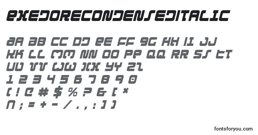 Czcionka ExedoreCondensedItalic – alfabet, cyfry, specjalne znaki