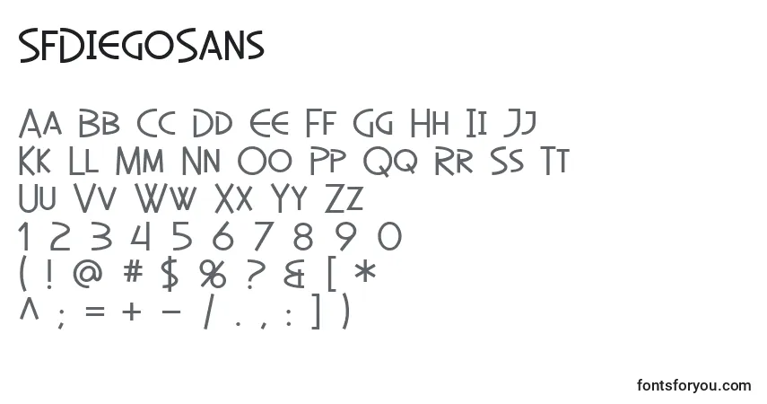 A fonte SfDiegoSans – alfabeto, números, caracteres especiais