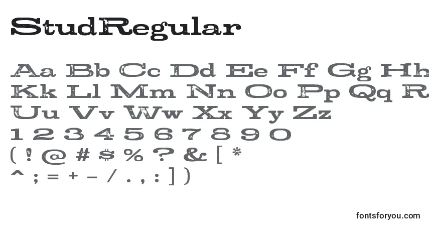 A fonte StudRegular – alfabeto, números, caracteres especiais