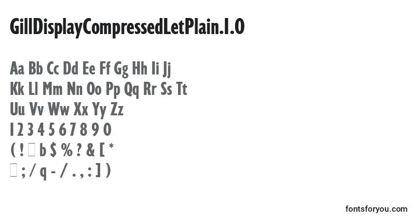 Czcionka GillDisplayCompressedLetPlain.1.0 – alfabet, cyfry, specjalne znaki