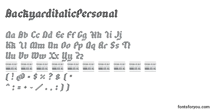 Шрифт BackyarditalicPersonal – алфавит, цифры, специальные символы