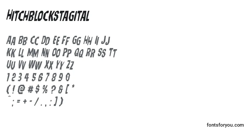 Czcionka Hitchblockstagital – alfabet, cyfry, specjalne znaki