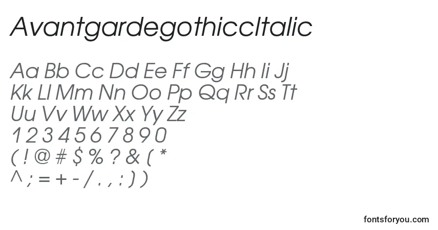 A fonte AvantgardegothiccItalic – alfabeto, números, caracteres especiais