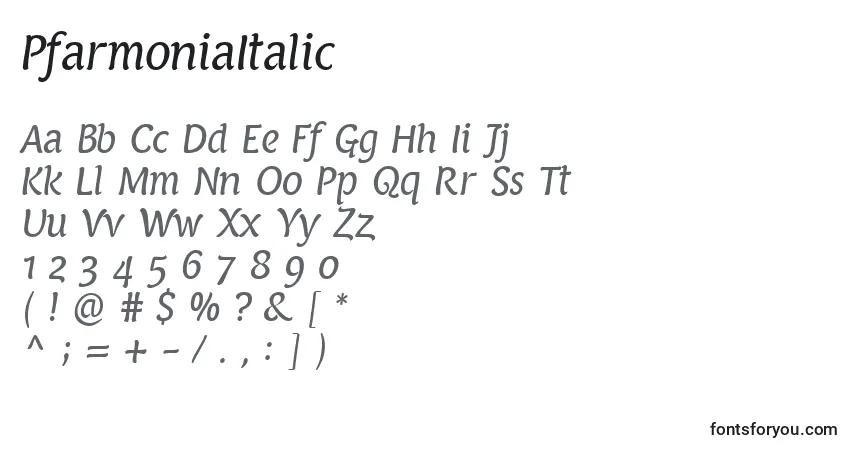 Schriftart PfarmoniaItalic – Alphabet, Zahlen, spezielle Symbole