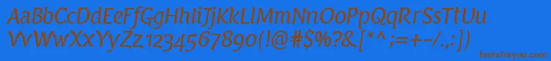 フォントPfarmoniaItalic – 茶色の文字が青い背景にあります。