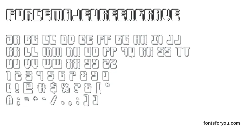 A fonte Forcemajeureengrave – alfabeto, números, caracteres especiais
