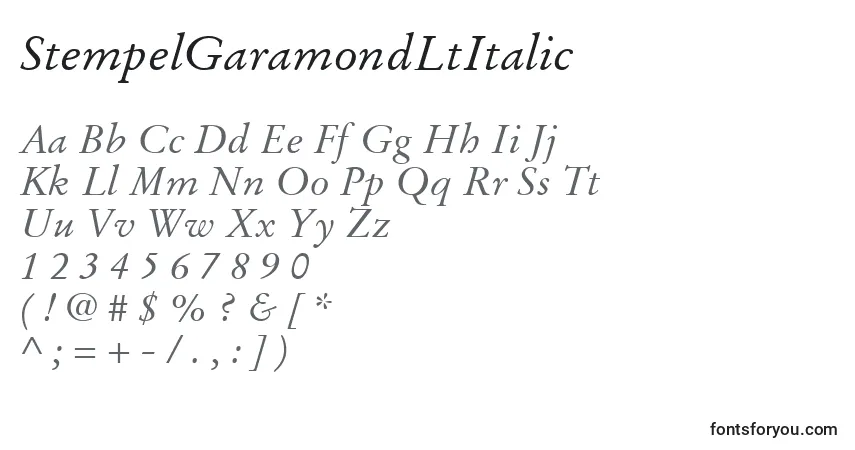 Czcionka StempelGaramondLtItalic – alfabet, cyfry, specjalne znaki