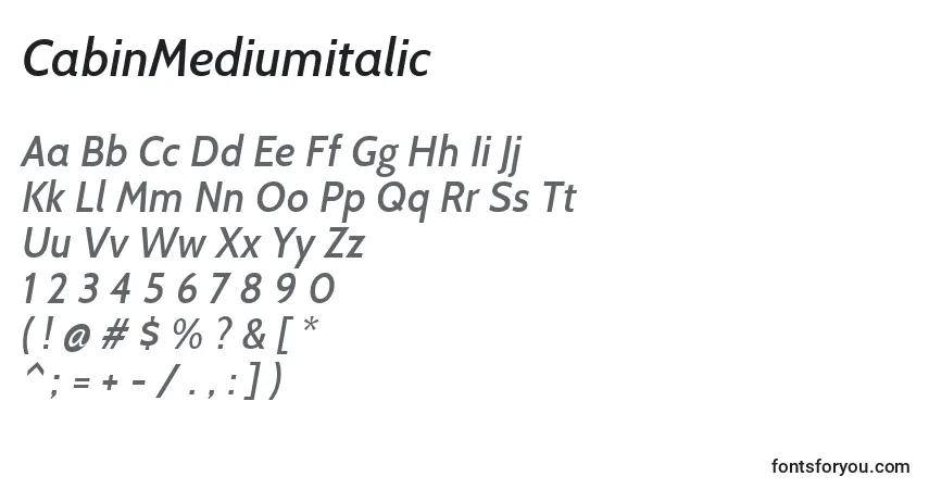 Czcionka CabinMediumitalic – alfabet, cyfry, specjalne znaki