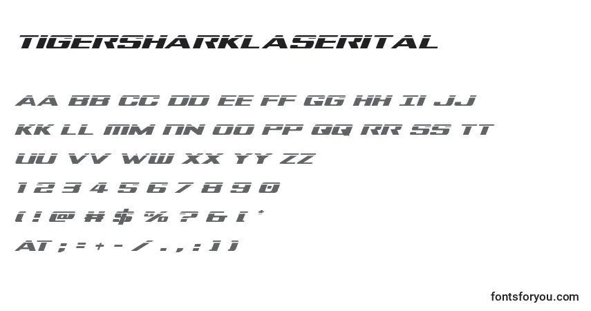 Czcionka Tigersharklaserital – alfabet, cyfry, specjalne znaki
