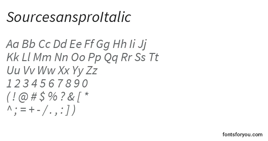 A fonte SourcesansproItalic – alfabeto, números, caracteres especiais