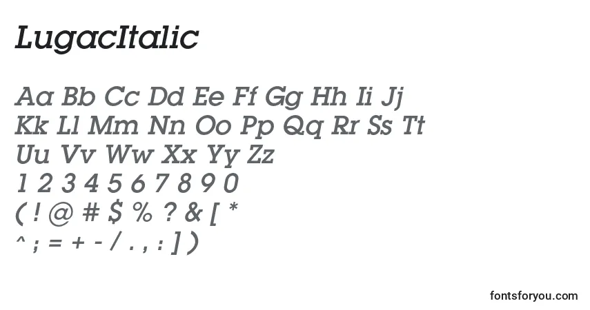 Schriftart LugacItalic – Alphabet, Zahlen, spezielle Symbole