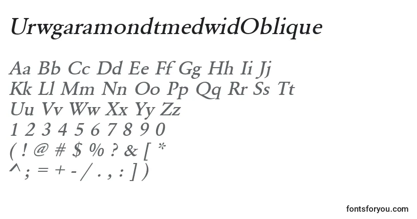Schriftart UrwgaramondtmedwidOblique – Alphabet, Zahlen, spezielle Symbole