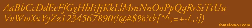 AgaramondproItalic-Schriftart – Orangefarbene Schriften auf braunem Hintergrund