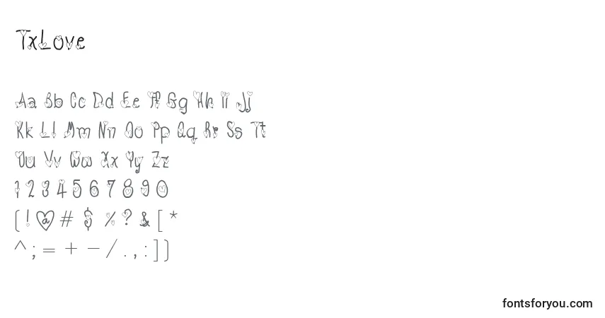 Schriftart TxLove – Alphabet, Zahlen, spezielle Symbole