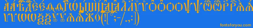 フォントHirmosCapsIeucs – オレンジ色の文字が青い背景にあります。