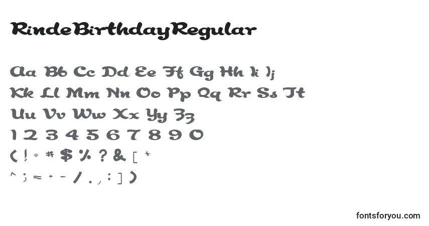 A fonte RindeBirthdayRegular – alfabeto, números, caracteres especiais