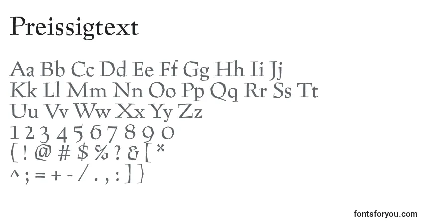 Schriftart Preissigtext – Alphabet, Zahlen, spezielle Symbole