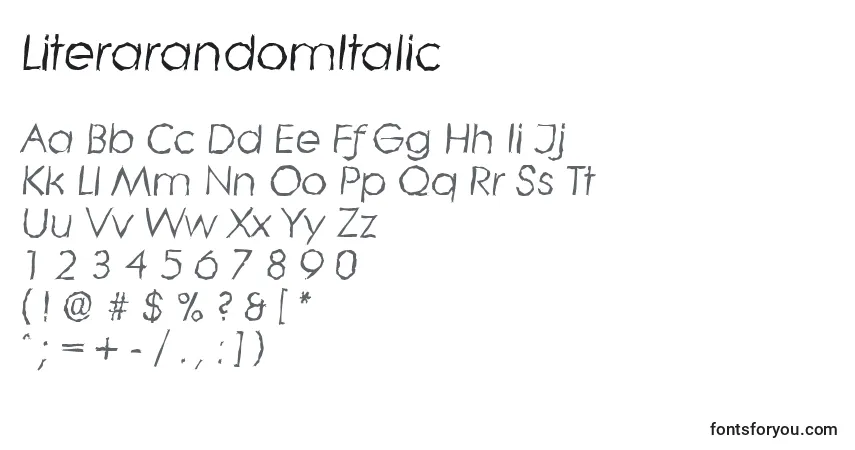Czcionka LiterarandomItalic – alfabet, cyfry, specjalne znaki