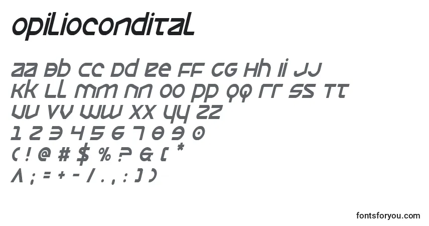 A fonte Opiliocondital – alfabeto, números, caracteres especiais