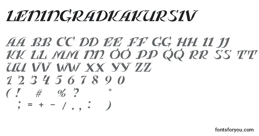 A fonte LeningradkaKursiv – alfabeto, números, caracteres especiais