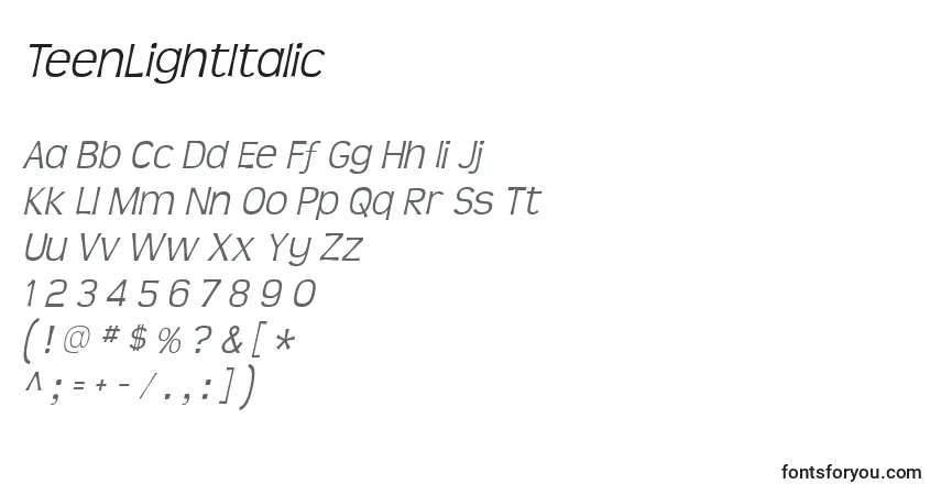 A fonte TeenLightItalic – alfabeto, números, caracteres especiais