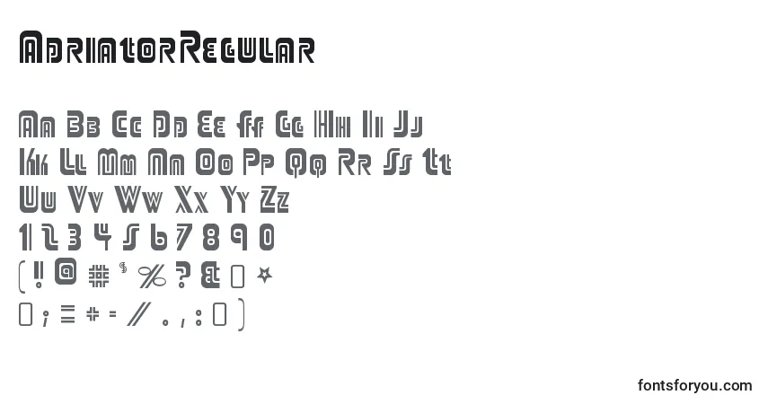 Czcionka AdriatorRegular – alfabet, cyfry, specjalne znaki