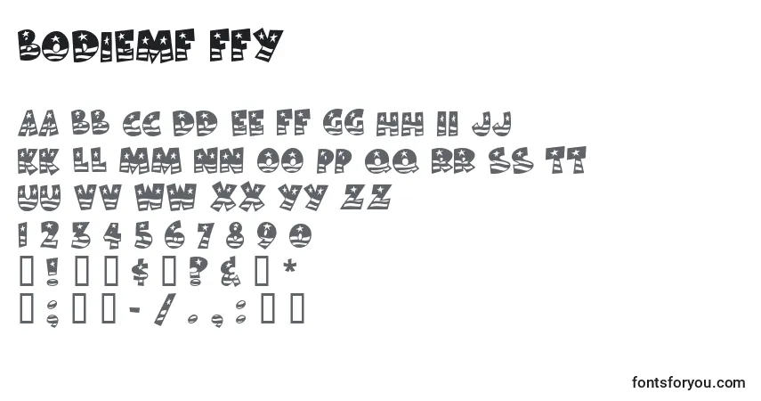 Schriftart Bodiemf ffy – Alphabet, Zahlen, spezielle Symbole