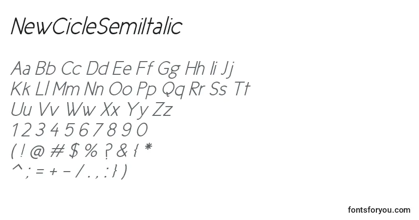 Czcionka NewCicleSemiItalic – alfabet, cyfry, specjalne znaki