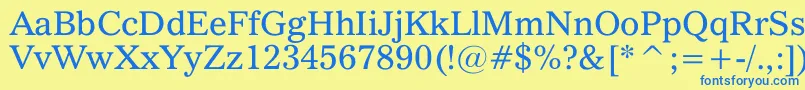 フォントQuoVadis – 青い文字が黄色の背景にあります。