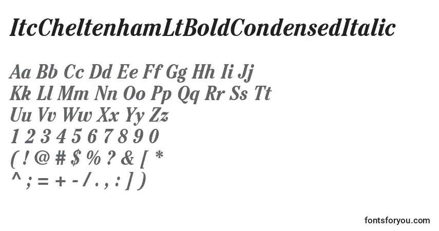 A fonte ItcCheltenhamLtBoldCondensedItalic – alfabeto, números, caracteres especiais