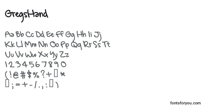 Schriftart GregsHand – Alphabet, Zahlen, spezielle Symbole