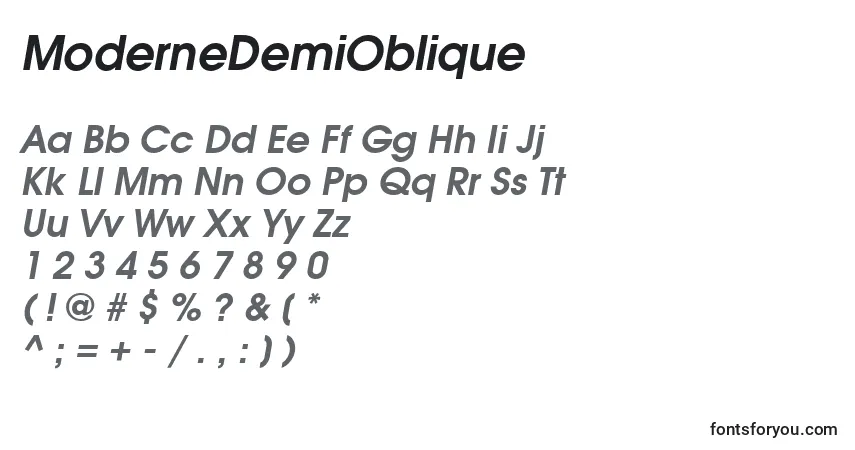 A fonte ModerneDemiOblique – alfabeto, números, caracteres especiais