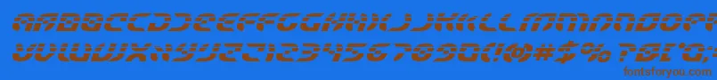 Starfighterlaserbolditalフォントについての詳細 フォントStarfighterlaserboldital – 茶色の文字が青い背景にあります。