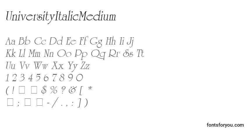 A fonte UniversityItalicMedium – alfabeto, números, caracteres especiais