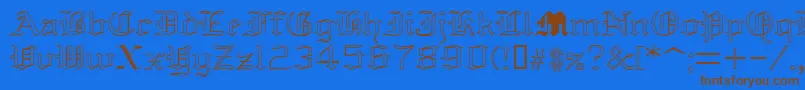 フォントYoldAnglican – 茶色の文字が青い背景にあります。