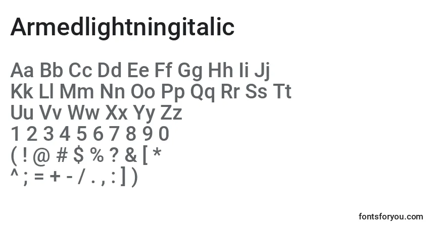 Шрифт Armedlightningitalic – алфавит, цифры, специальные символы