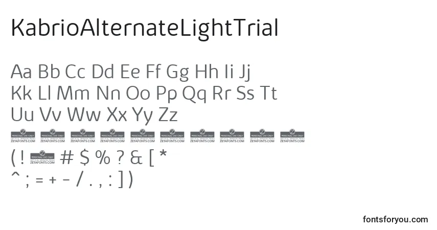A fonte KabrioAlternateLightTrial – alfabeto, números, caracteres especiais