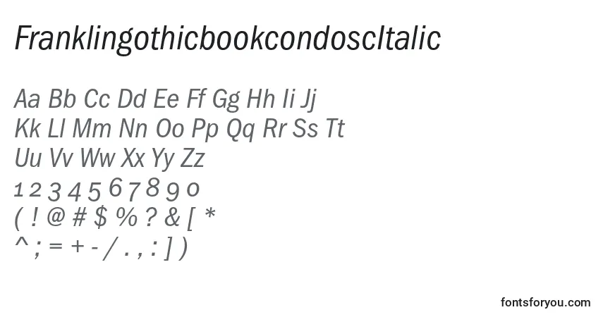 Czcionka FranklingothicbookcondoscItalic – alfabet, cyfry, specjalne znaki